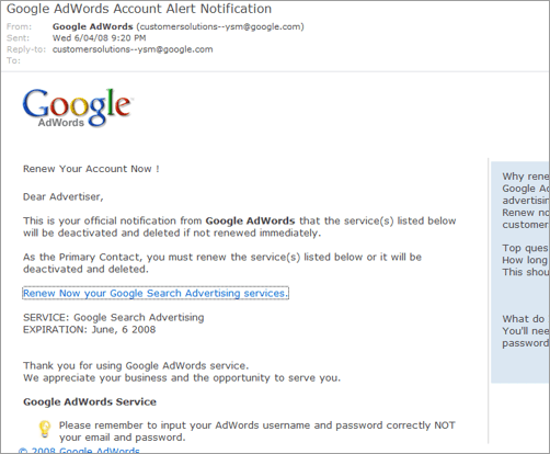 Google AdWords Phishing E-mail
