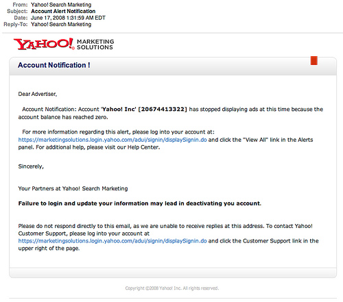 Yahoo Search Marketing Phishing Email Scam