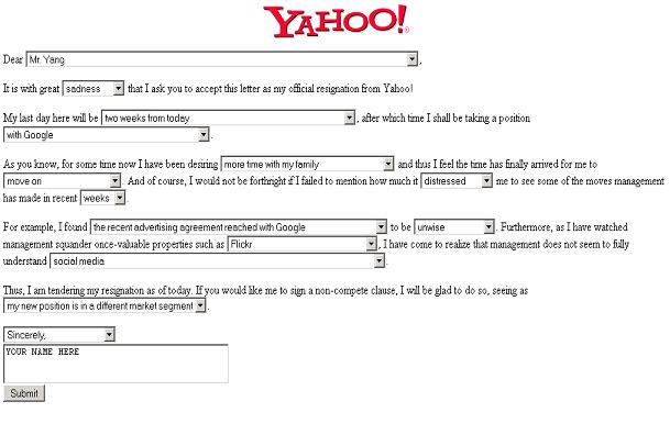 Yahoo Resignation Letter Generator