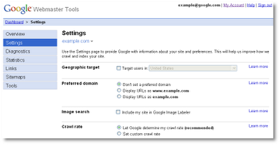 Website Settings in Google Webmaster Tools