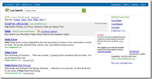 Live Search Flagging Questionable Sites