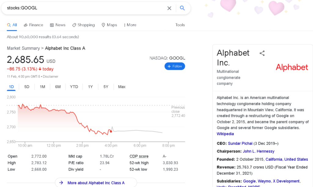 stocks google search operators