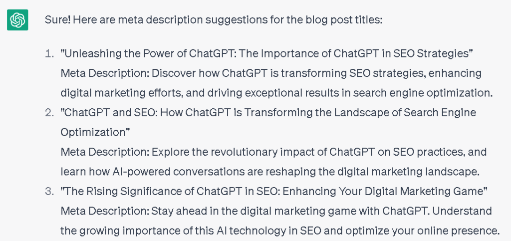 ChatGPT Titles and Meta Descriptions