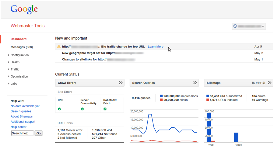 Webmaster Tools Dashboard Work