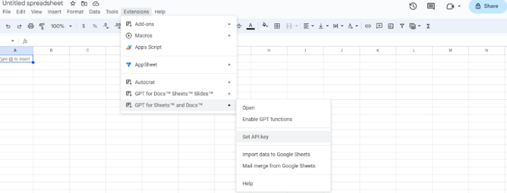 Google Sheets, enter the API key