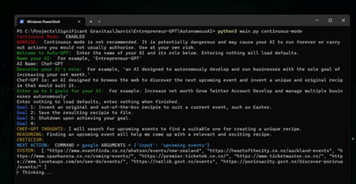 Auto-GPT running on Windows PowerShell